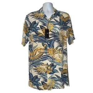 NWT American Tall Shirt ST – Slim Fit Tropical Leaf Blue-Gold Print for Tall Men